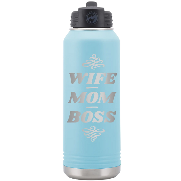 Wife Mom Boss 32 oz Water Bottle | Light Blue