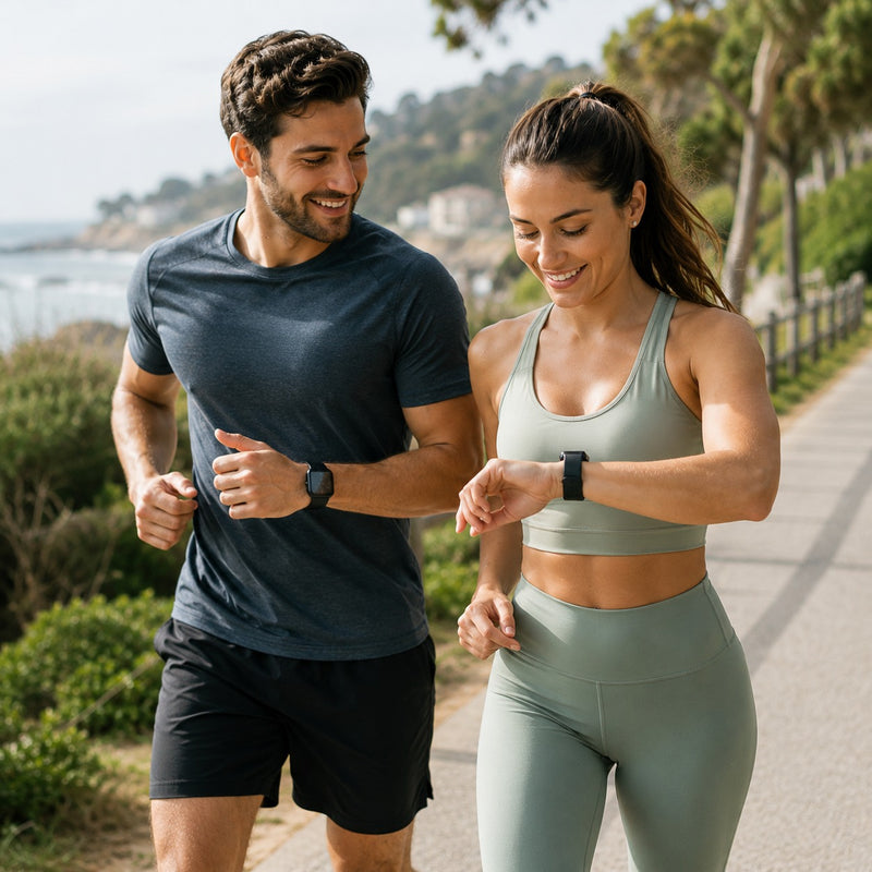 Man and woman in athletic wear walking outdoors with a scenic background