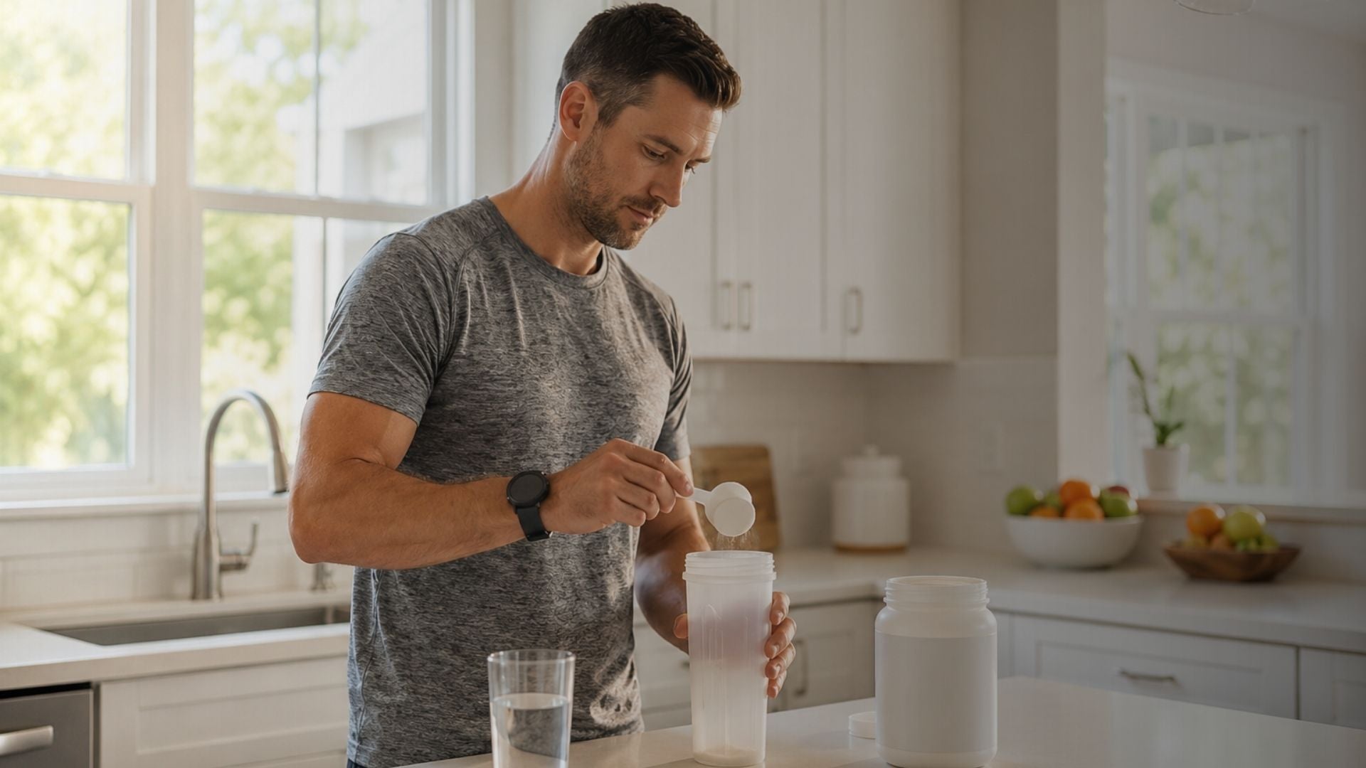 Man in a kitchen preparing a supplement shake
