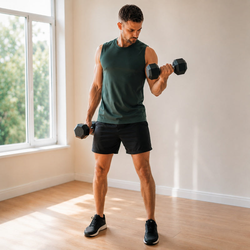 Man exercising with dumbbells in a room with a window