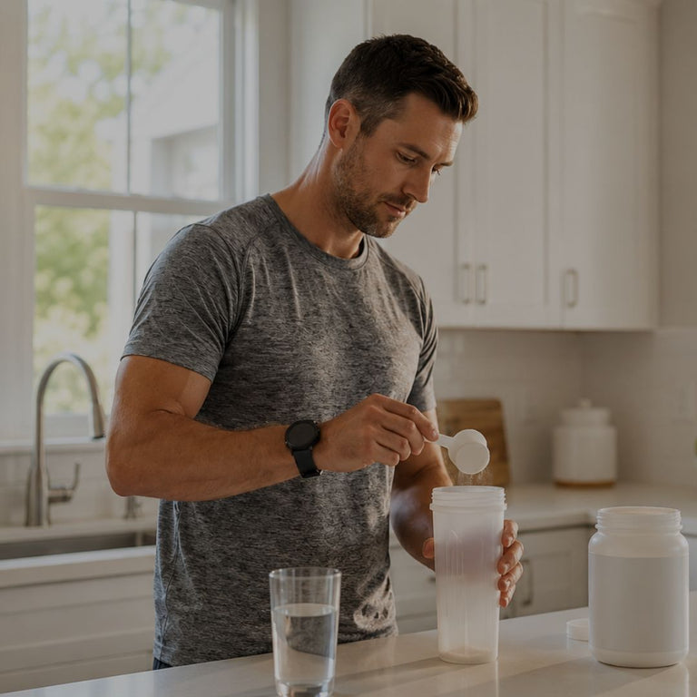 Man in a kitchen preparing a supplement shake